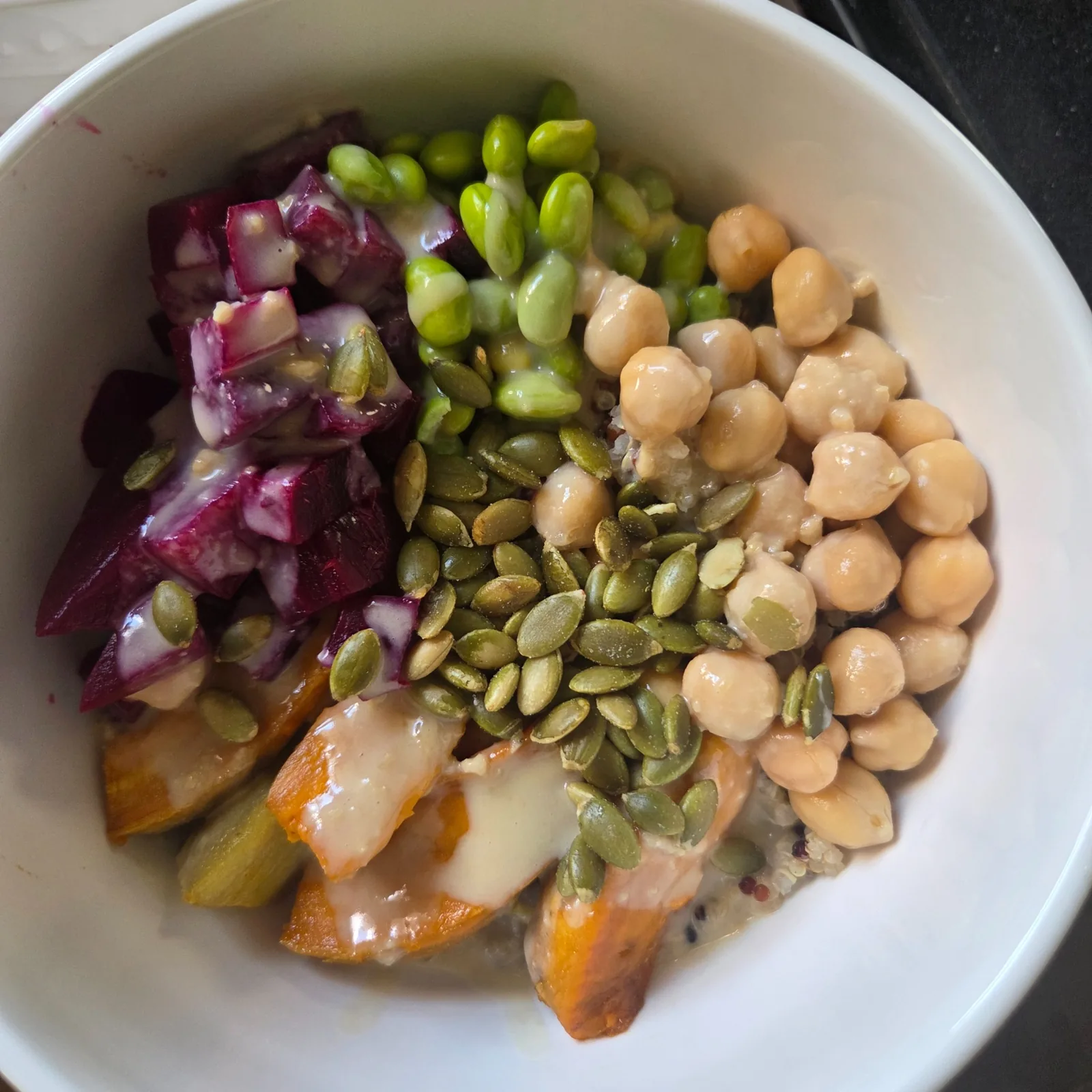 A colorful vegetable and chickpea grain bowl